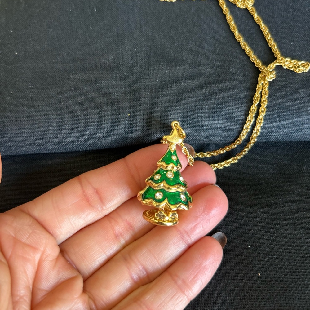 Vintage Swarovski Christmas Tree Pendant Necklace - Green enamel with crystals